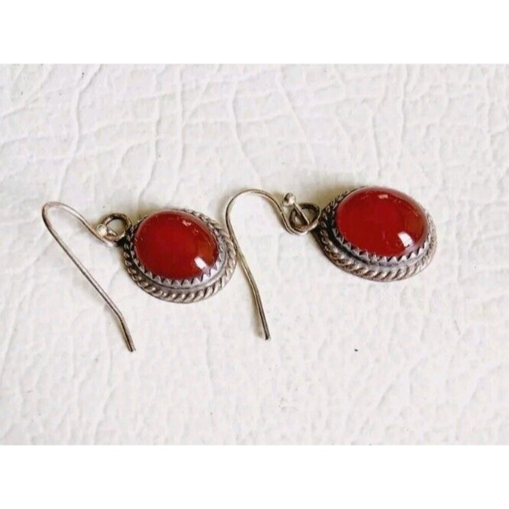 Native American AMB Sterling 925 Silver Carnelian Handmade Ovals Earrings 4.73g - Picture 3 of 7